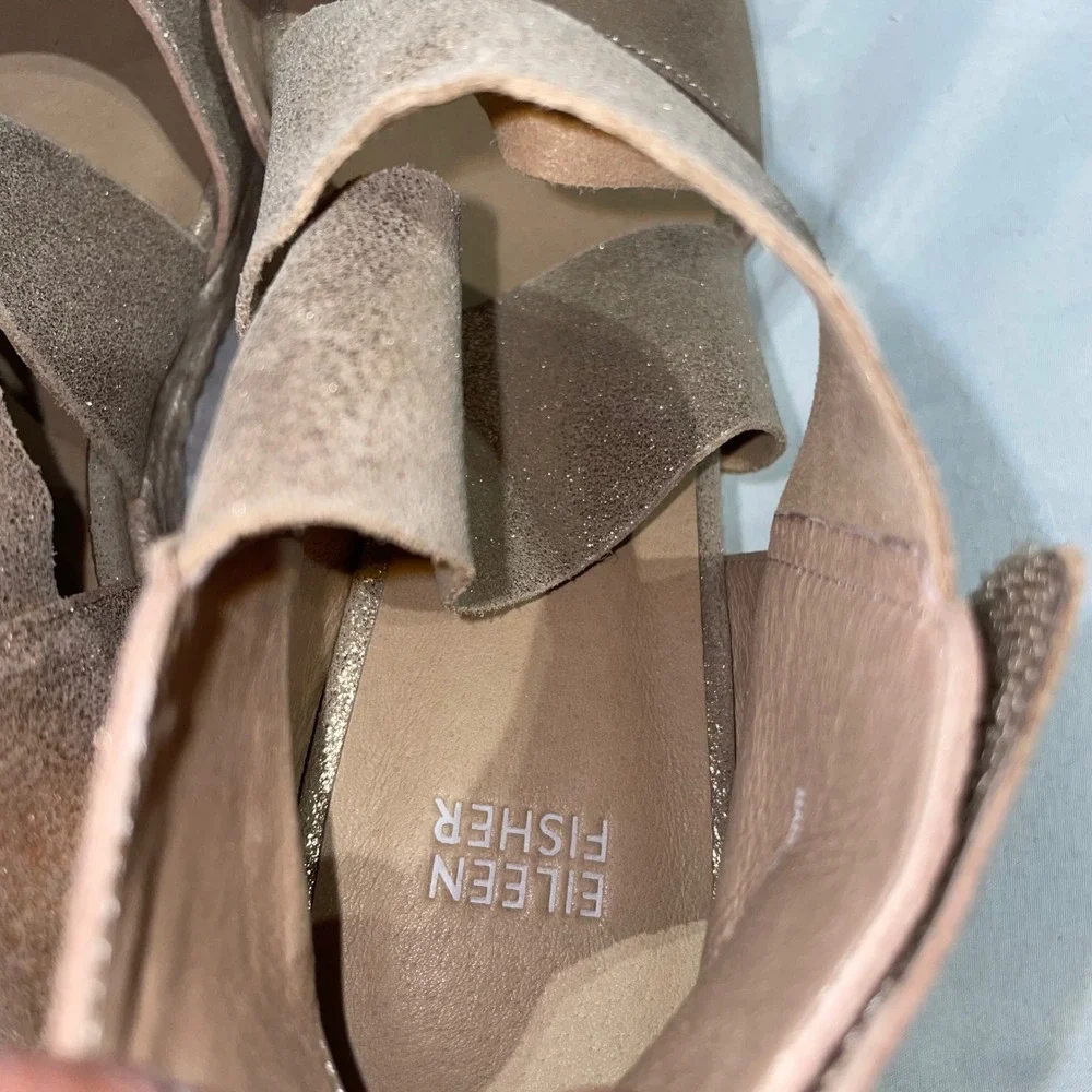Eileen Fisher‎ Gold Metallic Suede Espadrille Wedge Sandals Womens Strappy Shoes